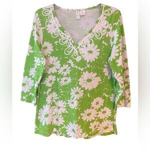 Palm Island Sz M Kelly Green Floral Embroidered Resortwear Summer Top